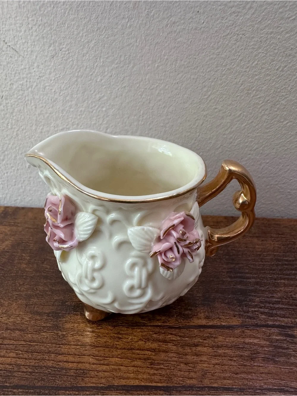 Vintage Cracker Barrel Ivory Porcelain 6 Pc Tea Set Raised Pink Roses Gold Trim